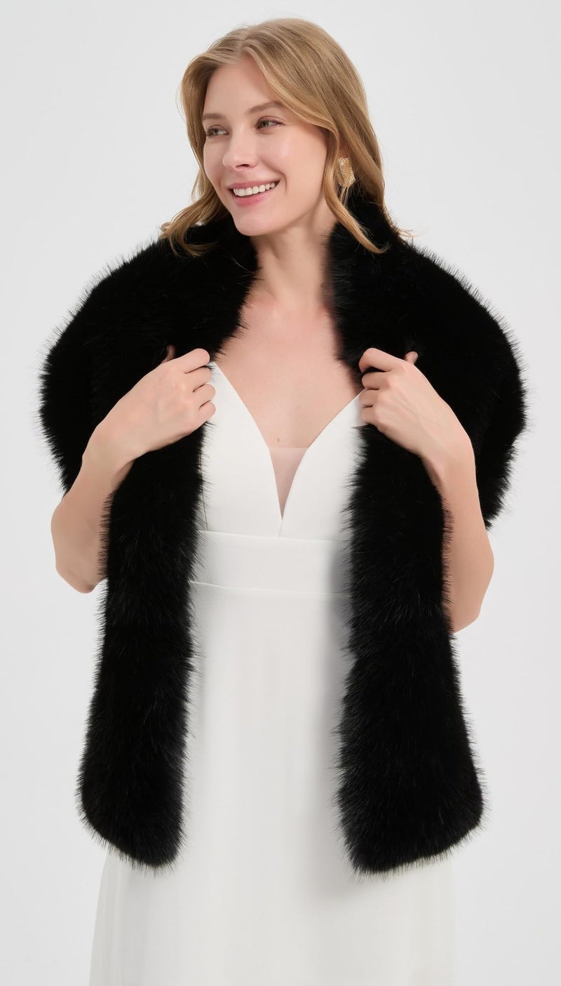 DJBM Women's Faux Fur Shawl Wraps Cloak Coat Sweater Cape for Evening Party Silver - Image 5